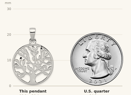 Classique True Size: Sterling Silver Rhodium-plated Polished Circle w/Tree Pendant shown next to a US quarter (24.3 mm)