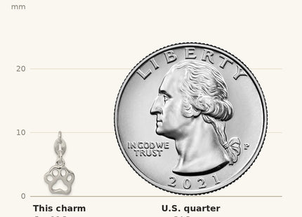 True size: Sterling Silver Polished Paw Print Charm shown next to a US quarter (24.3 mm)