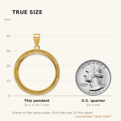 Wideband Distinguished Coin Jewelry 14K Polished and Beaded Prong Coin Bezel Pendant, 41.7 x 32.4mm