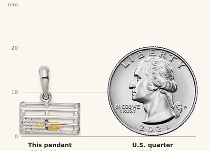 Classique True Size: De-Ani Sterling Silver Rhodium-Plated Moveable 3D Trap with 14k Lobster Pendant shown next to a US quarter (24.3 mm)