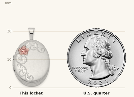 Classique True Size: Sterling Silver Rhodium-plated Enamel Floral Oval Locket shown next to a US quarter (24.3 mm)
