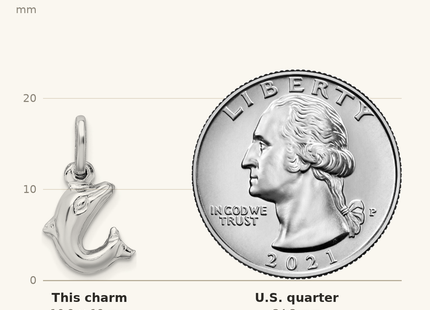 Classique True Size: Sterling Silver Rhodium Plated Polished Jumping Dolphin Charm shown next to a US quarter (24.3 mm)