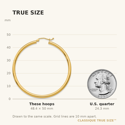 14K Polished Lightweight Tube Hoop Earrings, 50 x 2.5mm