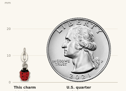 Classique True Size: Sterling Silver Enameled Ladybug Charm shown next to a US quarter (24.3 mm)