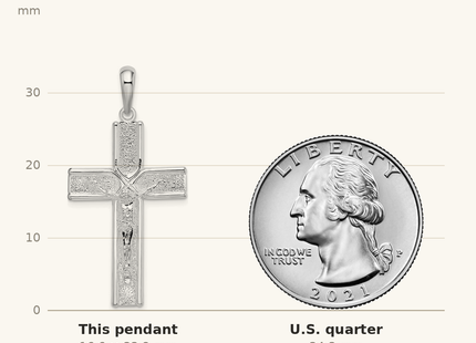 Classique True Size: De-Ani Sterling Silver Rhodium-Plated Polished and Satin Crucifix Pendant shown next to a US quarter (24.3 mm)