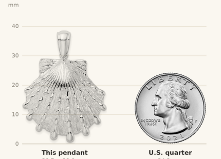 Classique True Size: De-Ani Sterling Silver Rhodium-Plated Polished and Textured Lions Paw Shell Pendant shown next to a US quarter (24.3 mm)