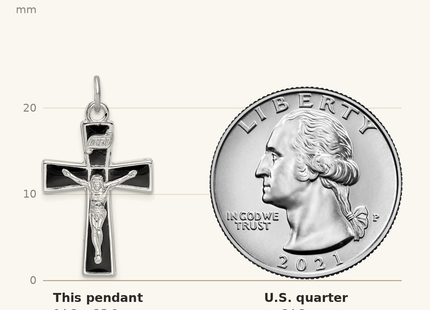 Classique True Size: Sterling Silver Platinum-plated Enamel Crucifix Pendant shown next to a US quarter (24.3 mm)