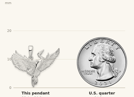 Classique True Size: De-Ani Sterling Silver Rhodium-Plated Polished Egret Bird Pendant shown next to a US quarter (24.3 mm)
