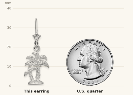 Classique True Size: De-Ani Sterling Silver Rhodium-Plated Polished Palm Trees Leverback Earrings shown next to a US quarter (24.3 mm)