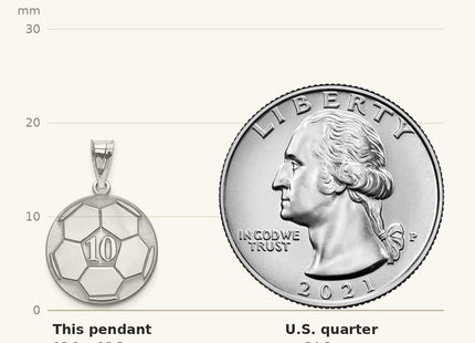 True size: 10k White Gold Personalized Soccer Pendant shown next to a US quarter (24.3 mm)