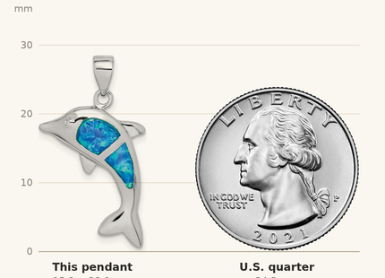 Classique True Size: Sterling Silver Rhodium-plated Polished Created Blue Opal Dolphin Pendant shown next to a US quarter (24.3 mm)