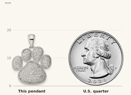 Classique True Size: Sterling Silver Rhodium-plated Polished CZ Paw Print Pendant shown next to a US quarter (24.3 mm)