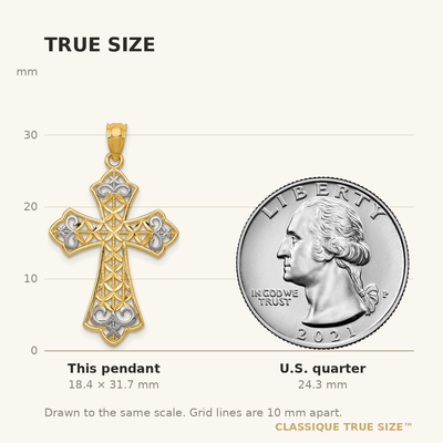 14K w/Rhodium Polished D/C Filigree Cross Pendant