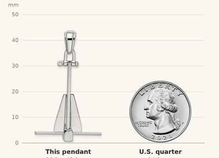 Classique True Size: De-Ani Sterling Silver Rhodium-Plated Polished 3D Moveable Danforth Anchor Pendant shown next to a US quarter (24.3 mm)