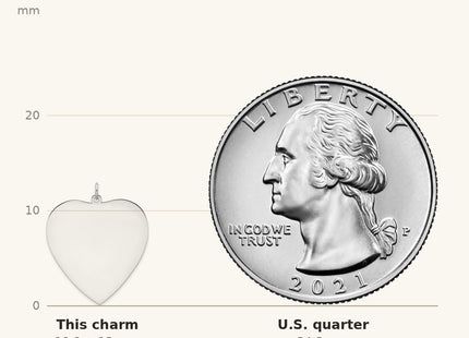 True size: Sterling Silver Rh-plt Engraveable Heart Polished Front/Back Disc Charm shown next to a US quarter (24.3 mm)