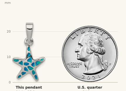 Classique True Size: Sterling Silver Rhodium Created Blue Opal Starfish Pendant shown next to a US quarter (24.3 mm)