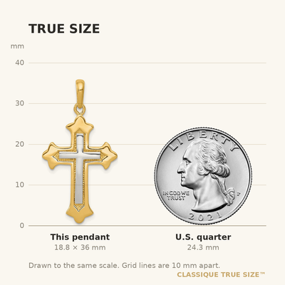 14K Two-tone Fleur De Lis Cross Pendant, 36 x 20mm