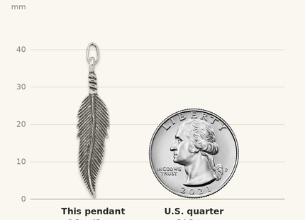 Classique True Size: Sterling Silver Antiqued Feather Pendant shown next to a US quarter (24.3 mm)