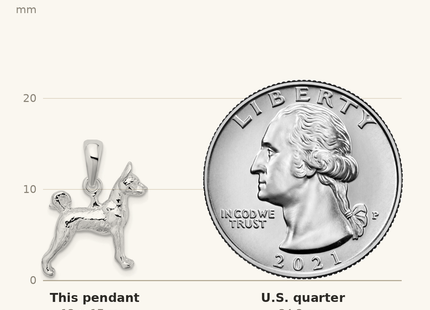Classique True Size: De-Ani Sterling Silver Rhodium-Plated Textured 3D Basenji Dog Pendant shown next to a US quarter (24.3 mm)