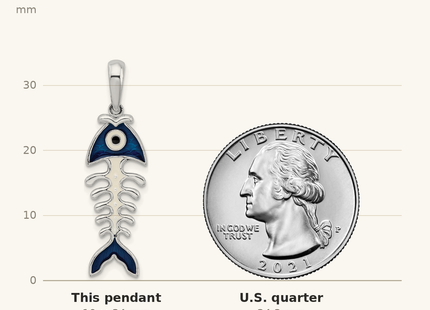 Classique True Size: De-Ani Sterling Silver Rhodium-Plated Polished 3D Enameled Fishbone Pendant shown next to a US quarter (24.3 mm)