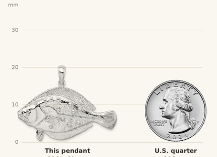 Classique True Size: De-Ani Sterling Silver Rhodium-Plated Polished 3D Flounder Fish Pendant shown next to a US quarter (24.3 mm)