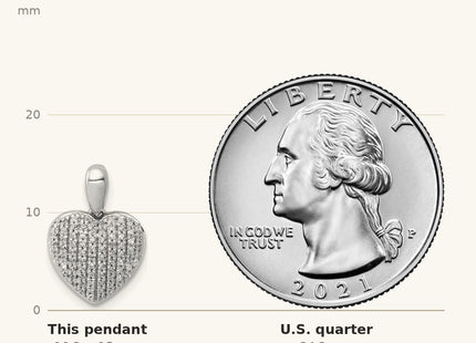 True size: 14k White Gold 1/. Diamond Heart Pendant shown next to a US quarter (24.3 mm)