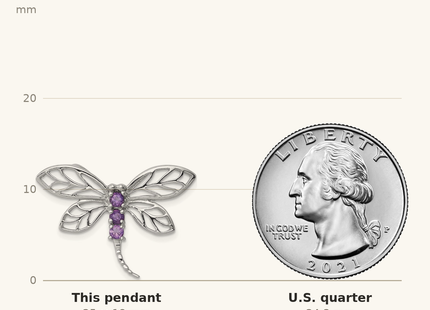Classique True Size: Sterling Silver Rhodium Amethyst Dragonfly Pendant shown next to a US quarter (24.3 mm)