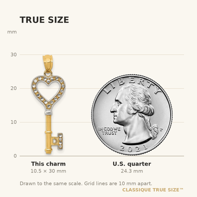 14K w/White Rhodium Polished Heart Key Charm, 30 x 10mm