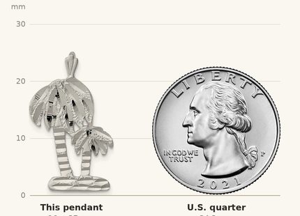Classique True Size: Sterling Silver Diamond Cut Palm Trees Pendant Charm shown next to a US quarter (24.3 mm)