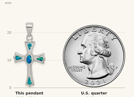 Classique True Size: Sterling Silver Rhodium-plated Created Blue Opal Small Cross Pendant shown next to a US quarter (24.3 mm)
