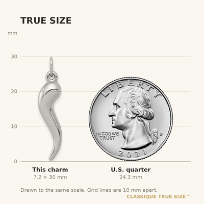 14K White Gold 3D Italian Horn Charm, 30 x 6.5mm