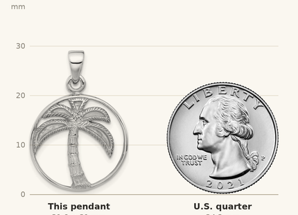 Classique True Size: Sterling Silver Rhodium-Plated Textured and Polished Palm Tree Pendant shown next to a US quarter (24.3 mm)
