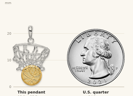Classique True Size: De-Ani Sterling Silver Rhodium-Plated Polished Net with 14k Basketball Pendant shown next to a US quarter (24.3 mm)