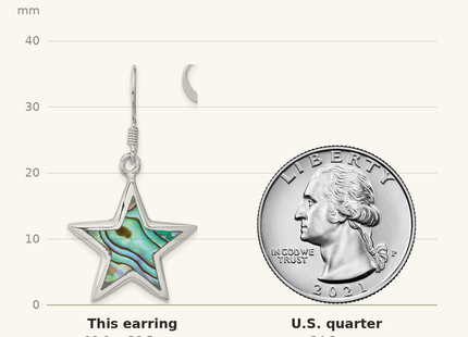 Classique True Size: Sterling Silver Rhodium-plated Polished Abalone Star Dangle Earrings shown next to a US quarter (24.3 mm)