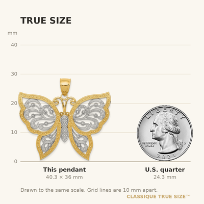 14K w/Rhodium Diamond Cut Butterfly Pendant, 36 x 41mm