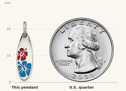 Classique True Size: Sterling Silver Rhodium-plated Polished Enamel Flower Surfboard Pendant shown next to a US quarter (24.3 mm)
