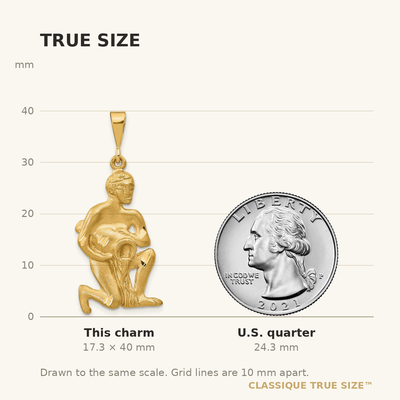 14K Satin Diamond-cut Aquarius Zodiac Charm, 40 x 17mm