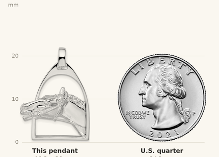 Classique True Size: De-Ani Sterling Silver Rhodium-Plated Polished Horse Head with Stirrup Pendant shown next to a US quarter (24.3 mm)