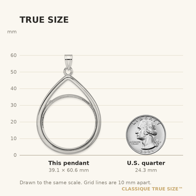 Wideband Distinguished Coin Jewelry 14K White Gold Polished and Diamond-cut Teardrop Prong Coin Bezel Pendant, 60.6 x 39.5mm