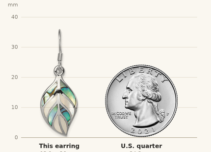 Classique True Size: Sterling Silver Rhodium Leaf MOP and Abalone Dangle Earrings shown next to a US quarter (24.3 mm)