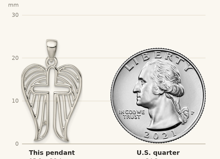 Classique True Size: Sterling Silver Textured Wing Cross Pendant shown next to a US quarter (24.3 mm)