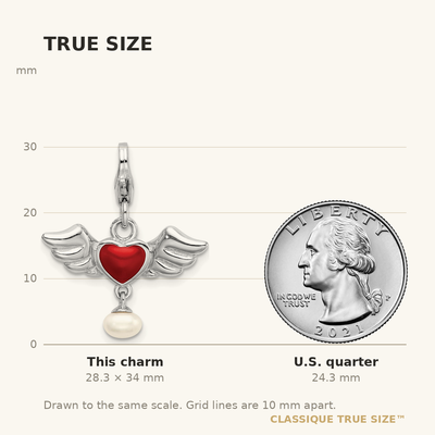 Amore La Vita Sterling Silver Rhodium-plated Polished 3-D Winged Enameled Red Heart and Freshwater Cultured Pearl Dangle Charm with Fancy Lobster Clasp