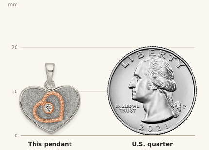 Classique True Size: Sterling Silver Rose-tone Polished and Glitter Fabric CZ Heart Pendant shown next to a US quarter (24.3 mm)