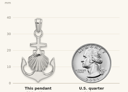 Classique True Size: De-Ani Sterling Silver Rhodium-Plated Polished Anchor with Scallop Shell Pendant shown next to a US quarter (24.3 mm)
