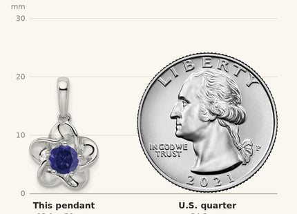 True size: Sterling Silver Rhodium-plated Floral Created Sapphire Pendant shown next to a US quarter (24.3 mm)