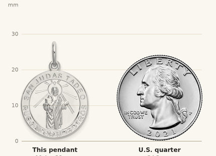 True size: Sterling Silver Rhodium-plated Spanish St. Jude Thaddeus Medal Pendant shown next to a US quarter (24.3 mm)