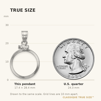 Wideband Distinguished Coin Jewelry 14K White Gold Polished and Diamond-cut x Screw Top Coin Bezel Pendant, 28.4 x 17.2mm