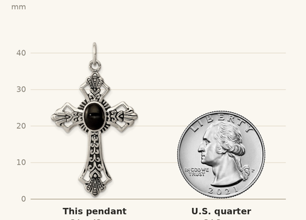 Classique True Size: Sterling Silver Onyx Antiqued Cross Pendant shown next to a US quarter (24.3 mm)