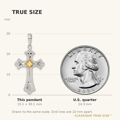 De-Ani Sterling Silver Rhodium-Plated Diamond-Cut Fleur de Lis Cross with 14K Accent Pendant