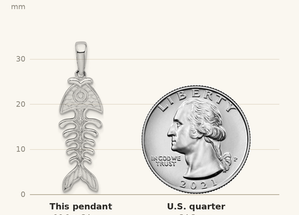 Classique True Size: De-Ani Sterling Silver Rhodium-Plated Polished and Textured 3D Fishbone Pendant shown next to a US quarter (24.3 mm)